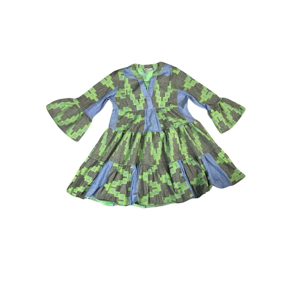 Devotion Twins Ella Mini Dress Women XS Green Blue Geometric Tiered Bell Sleeve